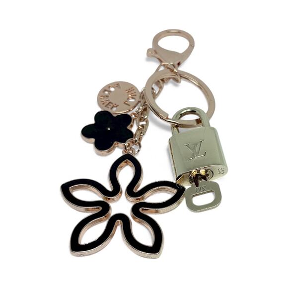 Louis Vuitton Lock & Key #310 | Floral Charm Keychain | Black & Rhinestone - Picture 1 of 6